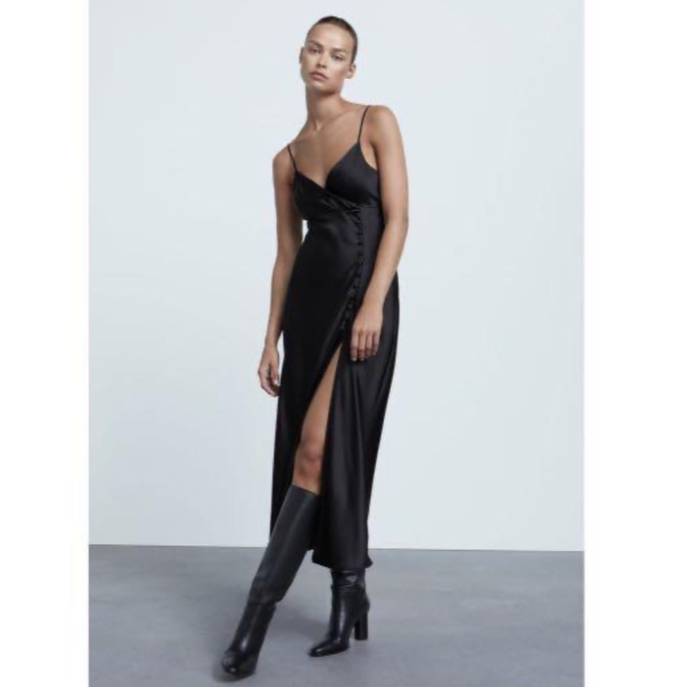 Zara Black Satin Maxi Dress | Elegant Evening Slip Style | S